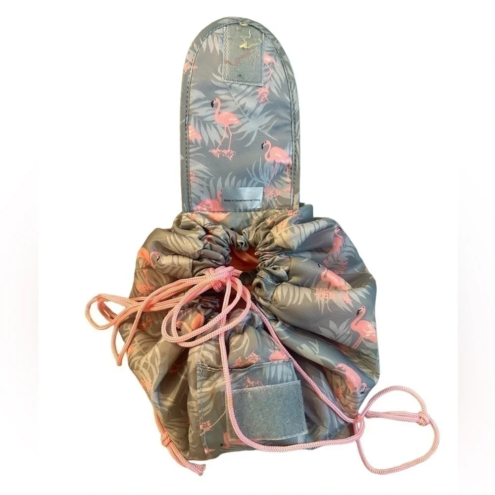Flamingo Drawstring Cosmetic Bag - Gray and Pink